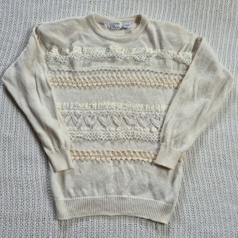 Bonnie & Bill Holly Sweater Womens Medium Cream Knit Shoulder Pads Pearls Doily
